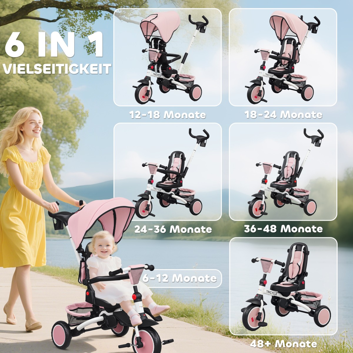 Παιδικό τρίκυκλο, 6 σε 1 Buggy για νήπια, με λαβή ώθησης, ρυθμιζόμενο κάθισμα, αναδιπλούμενο σχέδιο, δίχτυ ασφαλείας