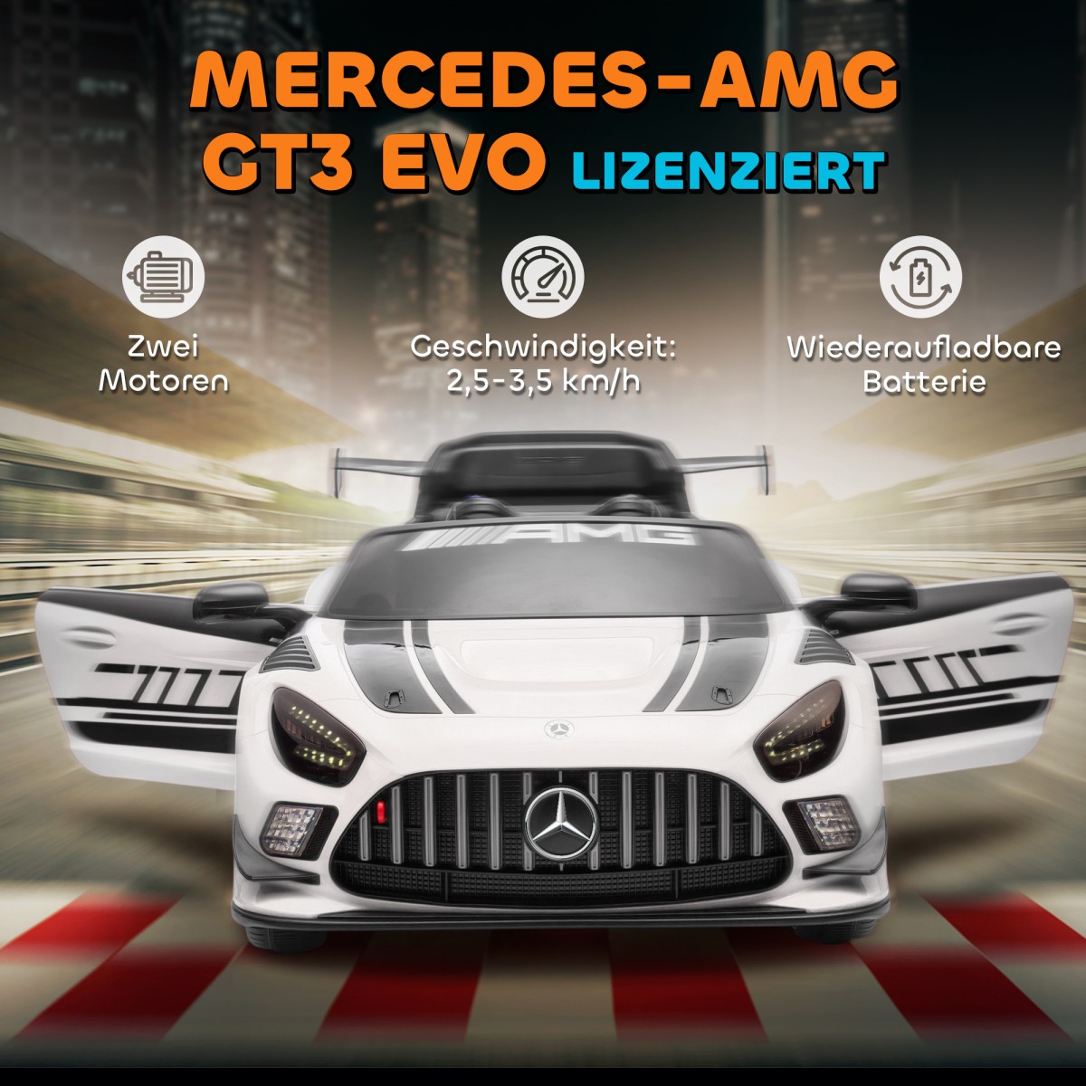 Ηλεκτρικό αυτοκίνητο Mercedes, αυτοκίνητο για παιδιά, μπαταρία 12V, φώτα LED, λειτουργία μουσικής, κόρνα, 3-8 ετών, λευκό