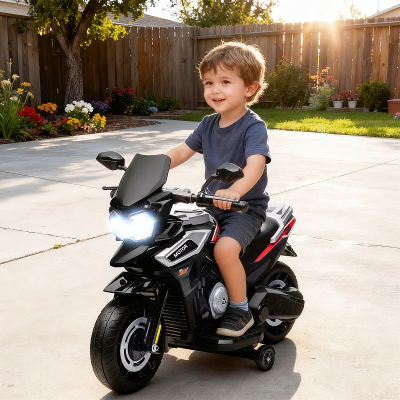 Ηλεκτρική μοτοσυκλέτα για παιδιά 18-36 μηνών, επιβατικό όχημα, βοηθητικοί τροχοί, φώτα, μουσική, πλαστικό, ατσάλι, μαύρο