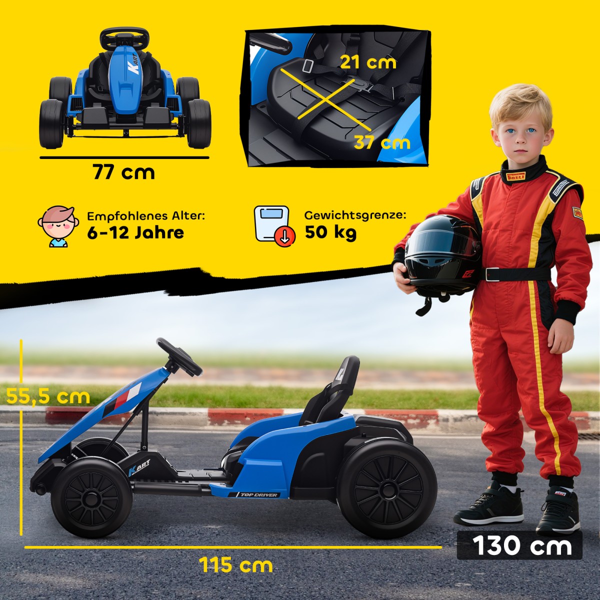 24V Electric Go Kart, Drift Mode, Ρυθμιζόμενο Κάθισμα, Ζώνη Ασφαλείας 5 Σημείων, Λειτουργία Μουσικής, 6-12 Years Blue