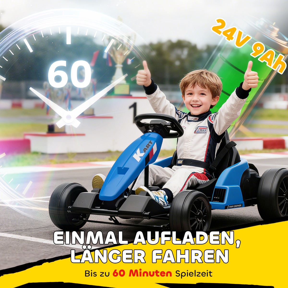 24V Electric Go Kart, Drift Mode, Ρυθμιζόμενο Κάθισμα, Ζώνη Ασφαλείας 5 Σημείων, Λειτουργία Μουσικής, 6-12 Years Blue