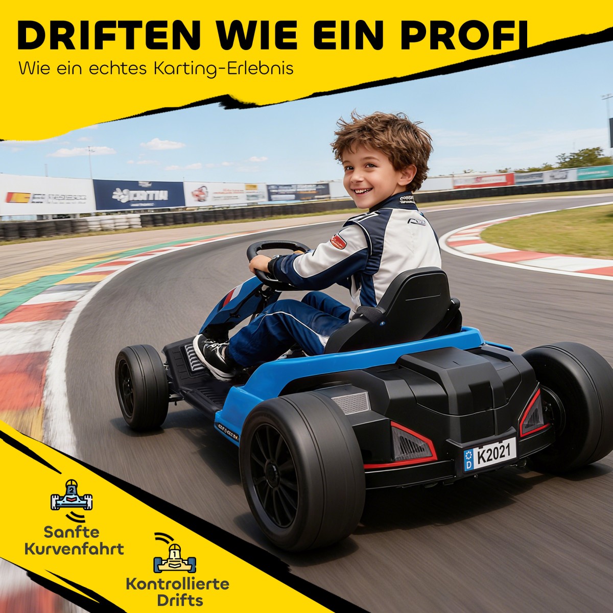 24V Electric Go Kart, Drift Mode, Ρυθμιζόμενο Κάθισμα, Ζώνη Ασφαλείας 5 Σημείων, Λειτουργία Μουσικής, 6-12 Years Blue
