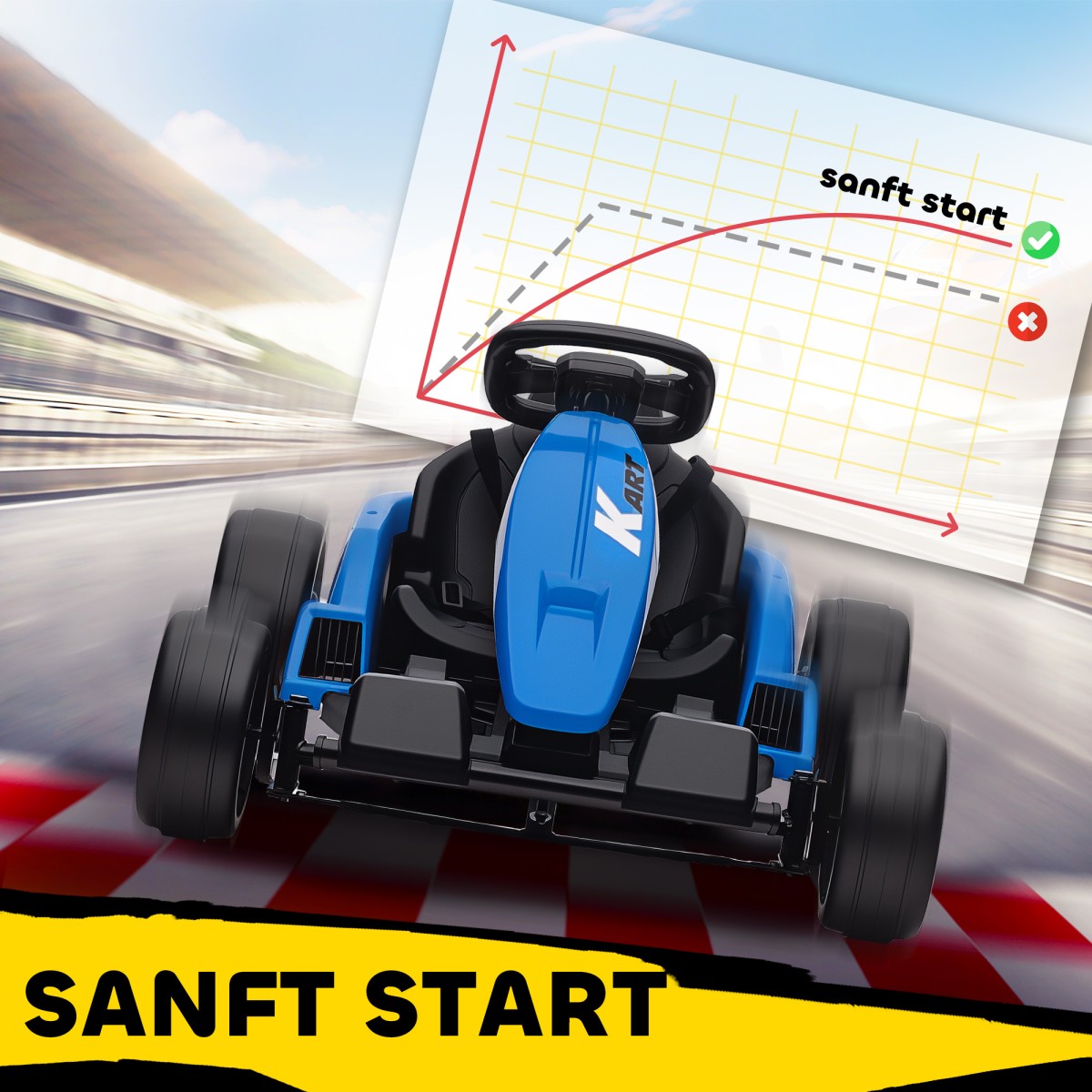 24V Electric Go Kart, Drift Mode, Ρυθμιζόμενο Κάθισμα, Ζώνη Ασφαλείας 5 Σημείων, Λειτουργία Μουσικής, 6-12 Years Blue