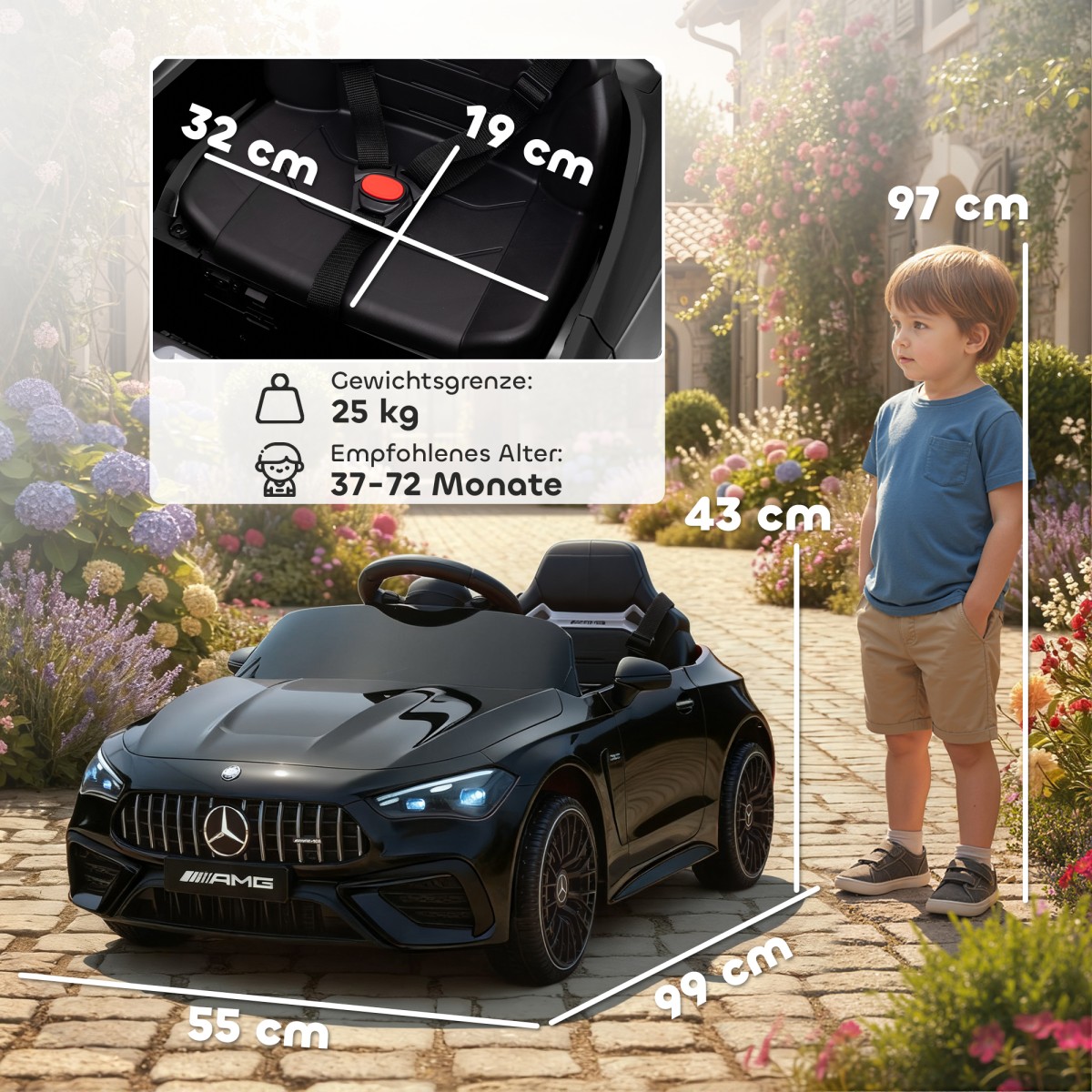Παιδικό ηλεκτρικό αυτοκίνητο, σχέδιο Mercedes, μοτέρ 12V, τηλεχειριστήριο, φώτα LED, μουσική, για παιδιά 3-6 ετών, μαύρο