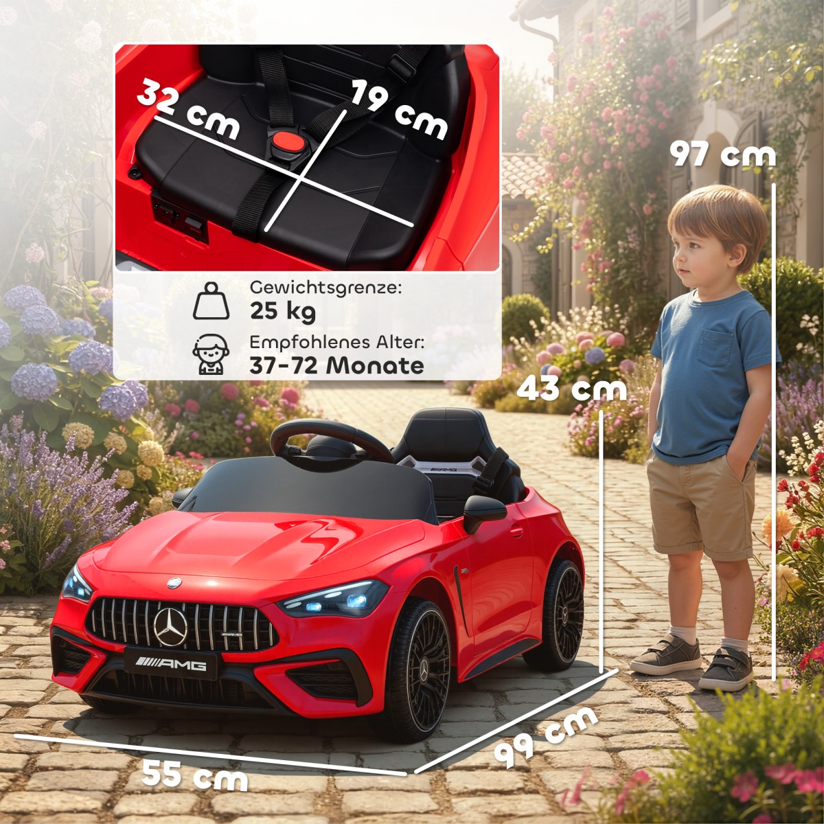 Παιδικό ηλεκτρικό αυτοκίνητο, σχέδιο Mercedes, μοτέρ 12V, τηλεχειριστήριο, φώτα LED, μουσική, για παιδιά 3-6 ετών, κόκκινο