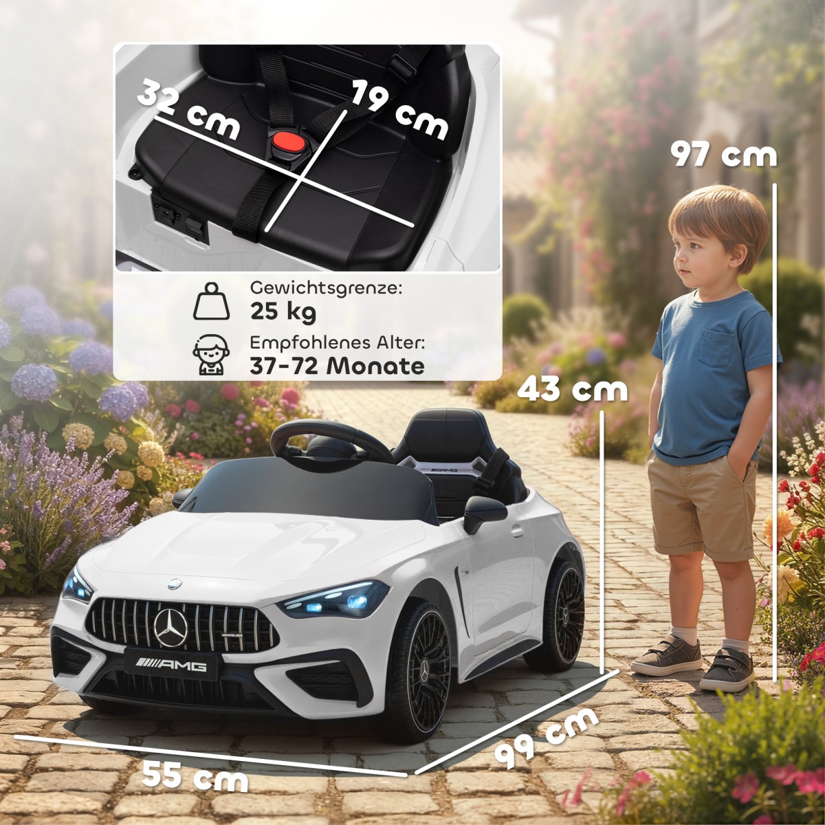 Παιδικό ηλεκτρικό αυτοκίνητο, σχέδιο Mercedes, μοτέρ 12V, τηλεχειριστήριο, φώτα LED, μουσική, για παιδιά 3-6 ετών, λευκό