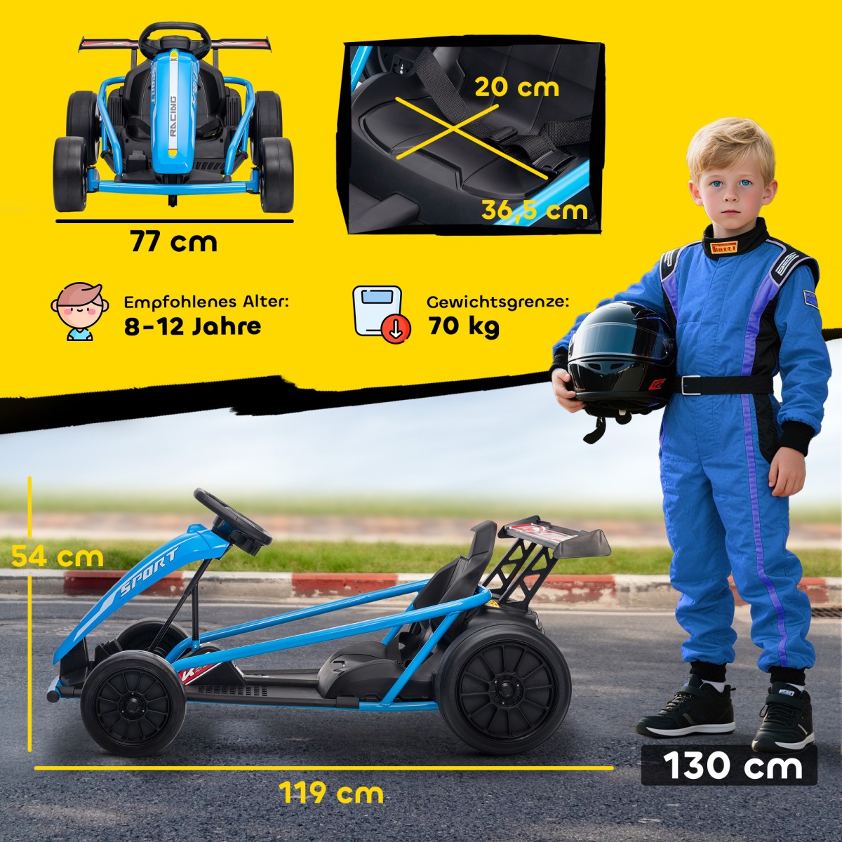 24V Electric Go Kart για Οδήγηση και Drifting, Nylon Ελαστικά, Ζώνη Ασφαλείας, Κόρνα, Μουσική για 8-12 Χρόνια Μπλε