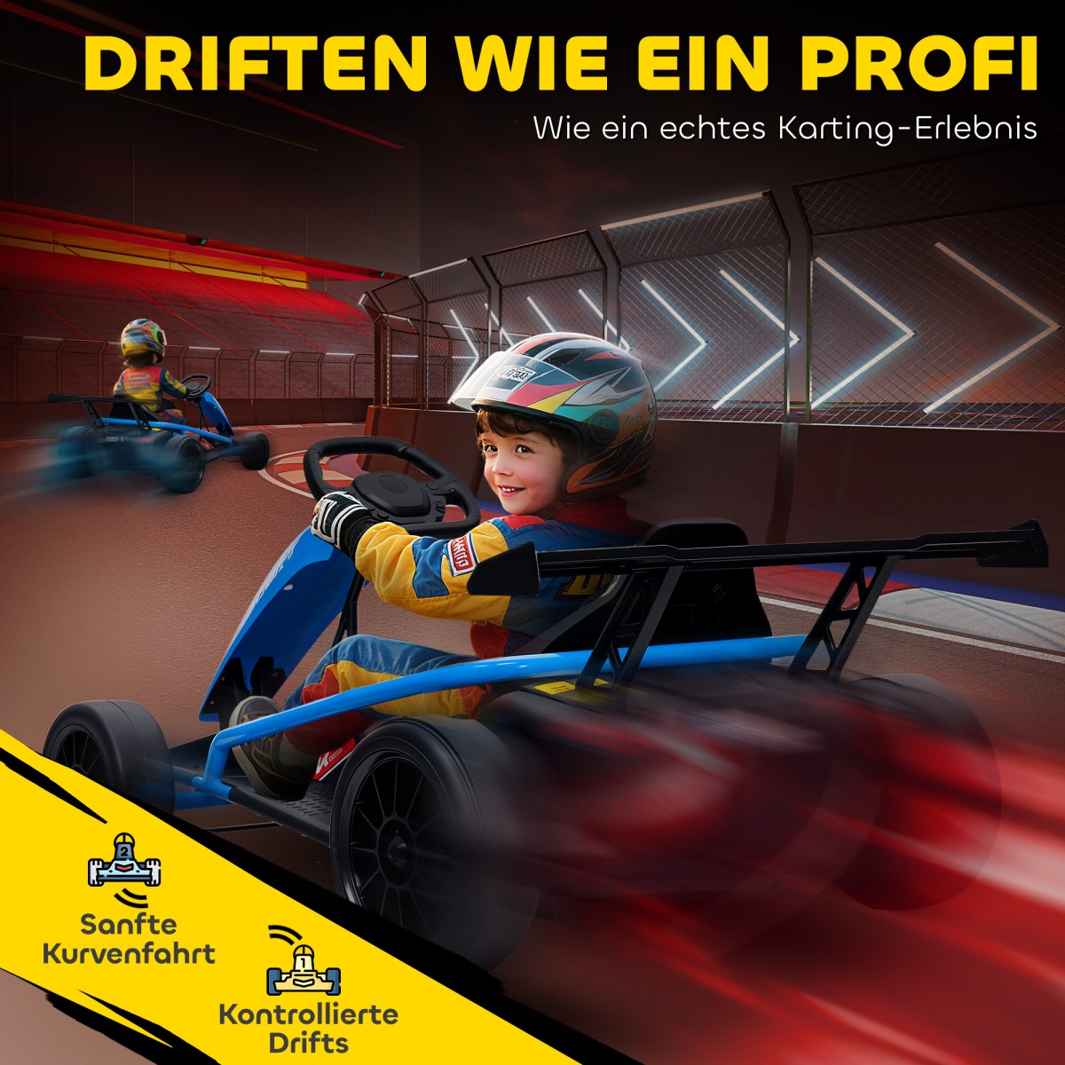 24V Electric Go Kart για Οδήγηση και Drifting, Nylon Ελαστικά, Ζώνη Ασφαλείας, Κόρνα, Μουσική για 8-12 Χρόνια Μπλε