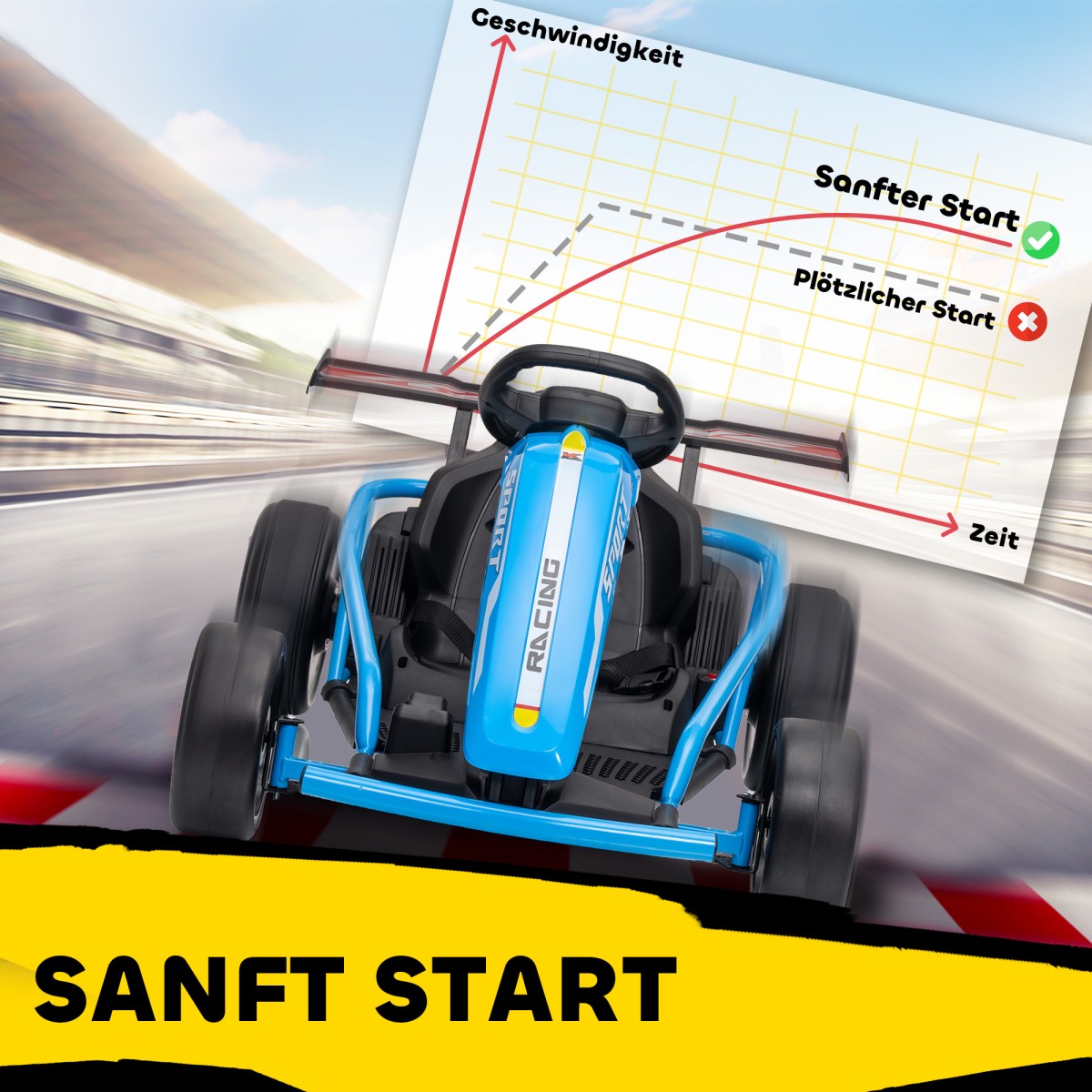 24V Electric Go Kart για Οδήγηση και Drifting, Nylon Ελαστικά, Ζώνη Ασφαλείας, Κόρνα, Μουσική για 8-12 Χρόνια Μπλε
