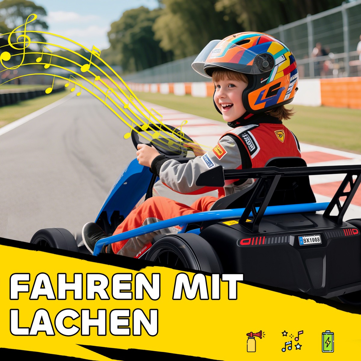24V Electric Go Kart για Οδήγηση και Drifting, Nylon Ελαστικά, Ζώνη Ασφαλείας, Κόρνα, Μουσική για 8-12 Χρόνια Μπλε