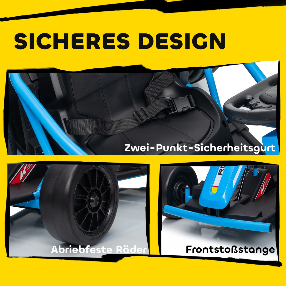 24V Electric Go Kart για Οδήγηση και Drifting, Nylon Ελαστικά, Ζώνη Ασφαλείας, Κόρνα, Μουσική για 8-12 Χρόνια Μπλε