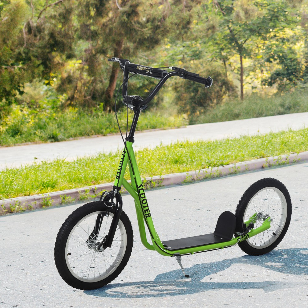 Παιδικό σκούτερ, σκούτερ πόλης, kick scooter, παιδικό kickboard με πνευματικά ελαστικά και χειρόφρενο, σκούτερ για παιδιά από 5 ετών, 16 ίντσες, πράσινο, 139 x 58 x 90-96 cm