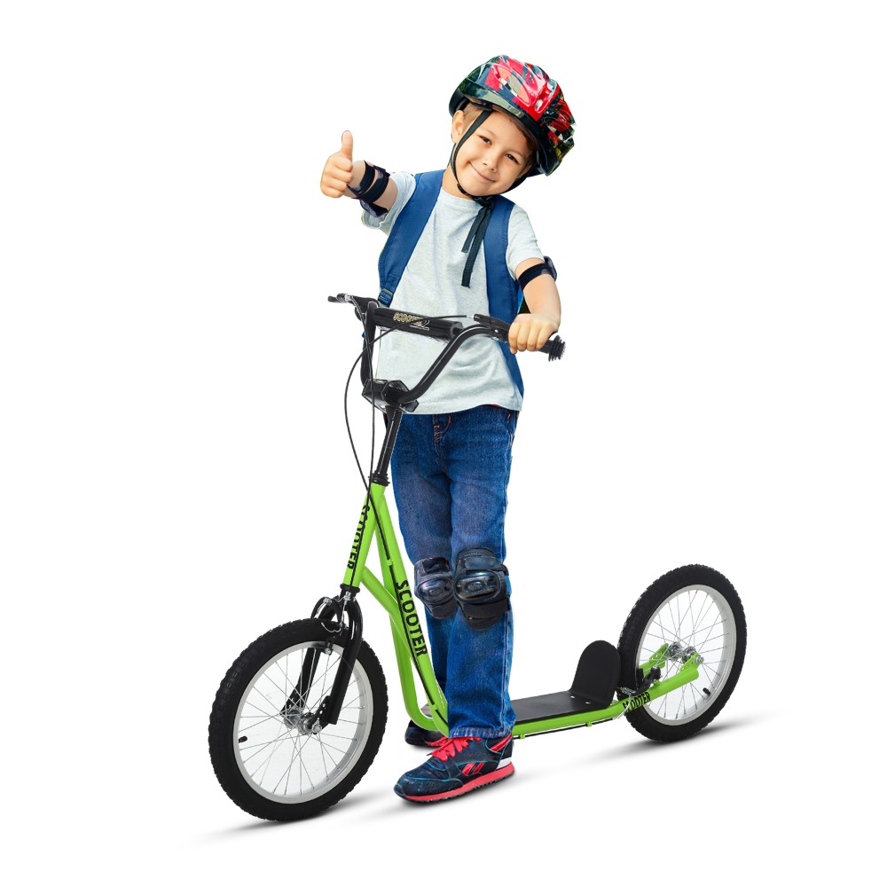 Παιδικό σκούτερ, σκούτερ πόλης, kick scooter, παιδικό kickboard με πνευματικά ελαστικά και χειρόφρενο, σκούτερ για παιδιά από 5 ετών, 16 ίντσες, πράσινο, 139 x 58 x 90-96 cm