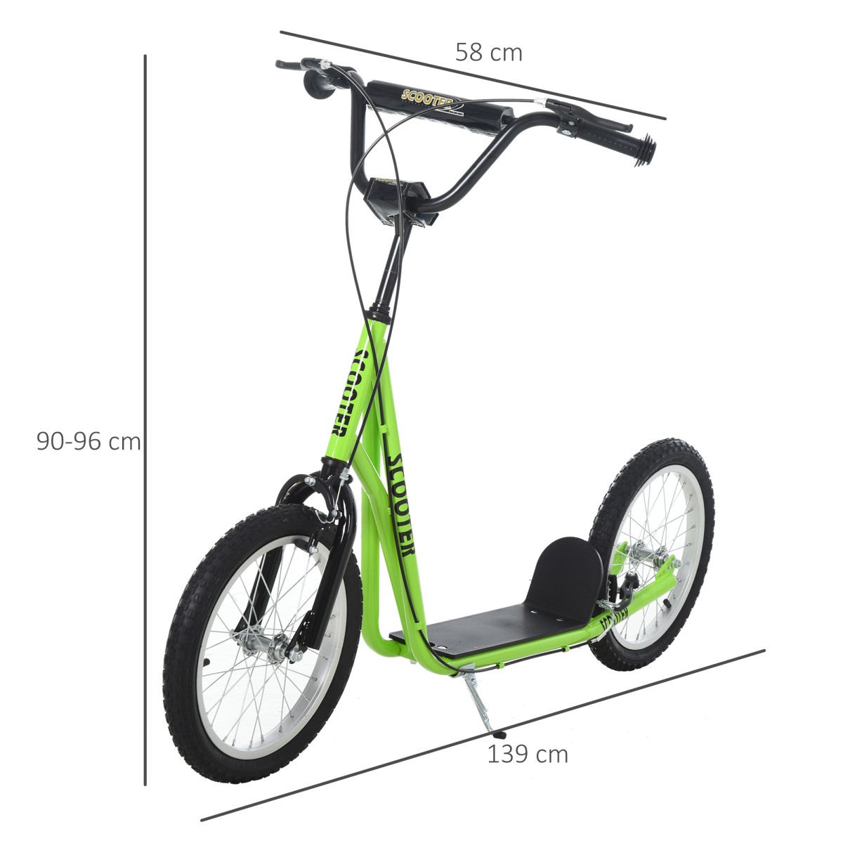 Παιδικό σκούτερ, σκούτερ πόλης, kick scooter, παιδικό kickboard με πνευματικά ελαστικά και χειρόφρενο, σκούτερ για παιδιά από 5 ετών, 16 ίντσες, πράσινο, 139 x 58 x 90-96 cm