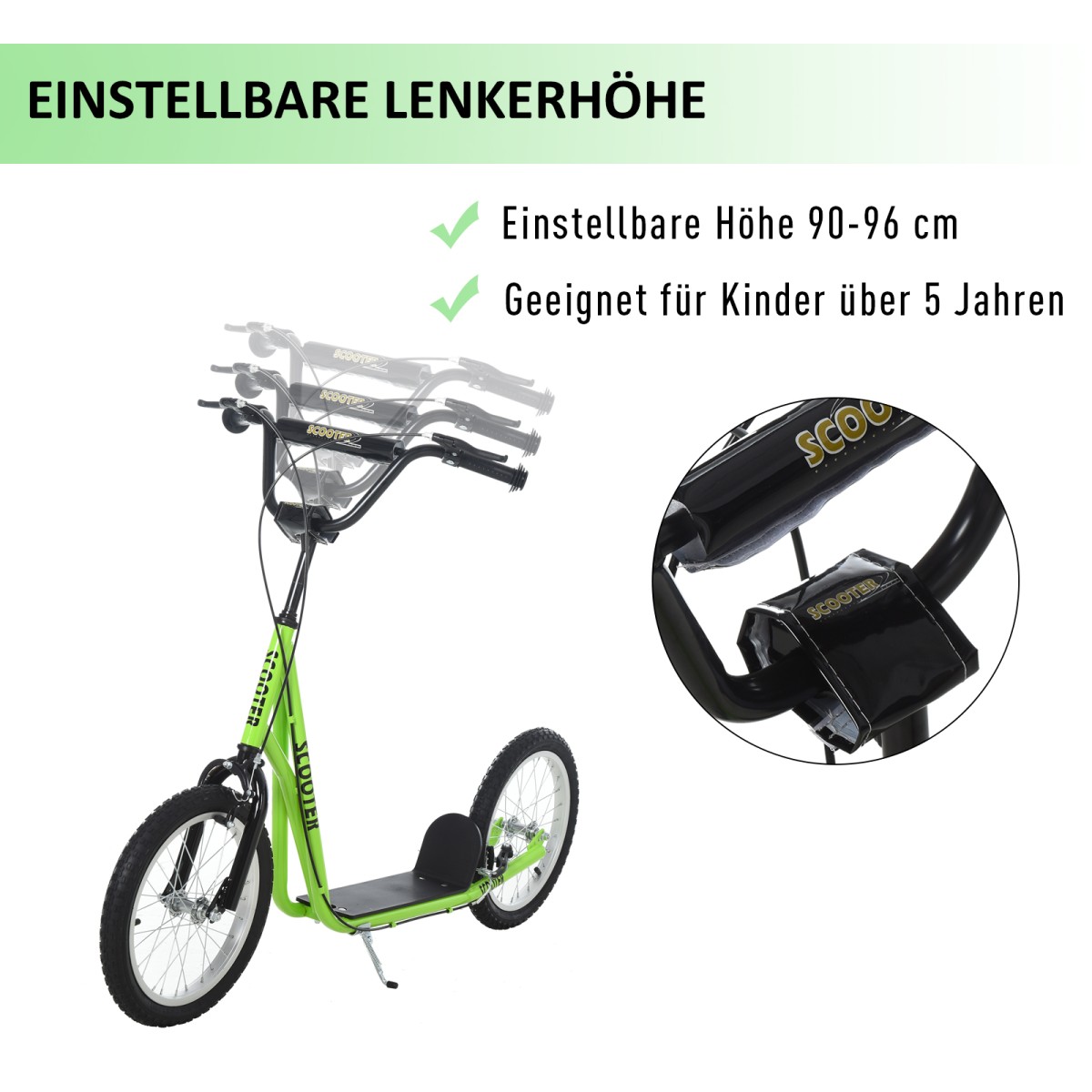 Παιδικό σκούτερ, σκούτερ πόλης, kick scooter, παιδικό kickboard με πνευματικά ελαστικά και χειρόφρενο, σκούτερ για παιδιά από 5 ετών, 16 ίντσες, πράσινο, 139 x 58 x 90-96 cm