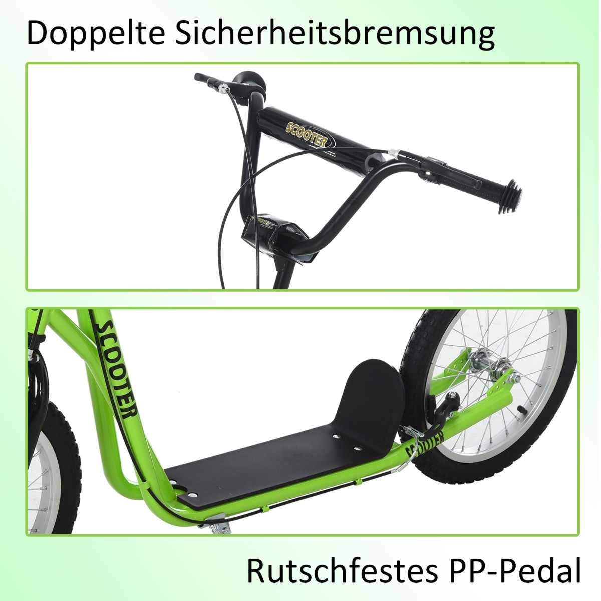 Παιδικό σκούτερ, σκούτερ πόλης, kick scooter, παιδικό kickboard με πνευματικά ελαστικά και χειρόφρενο, σκούτερ για παιδιά από 5 ετών, 16 ίντσες, πράσινο, 139 x 58 x 90-96 cm