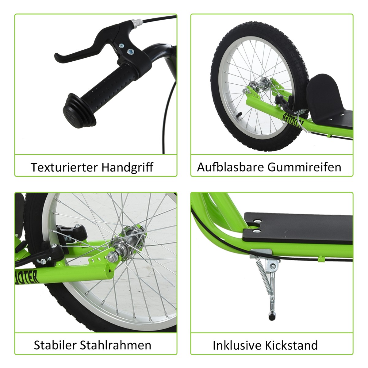 Παιδικό σκούτερ, σκούτερ πόλης, kick scooter, παιδικό kickboard με πνευματικά ελαστικά και χειρόφρενο, σκούτερ για παιδιά από 5 ετών, 16 ίντσες, πράσινο, 139 x 58 x 90-96 cm