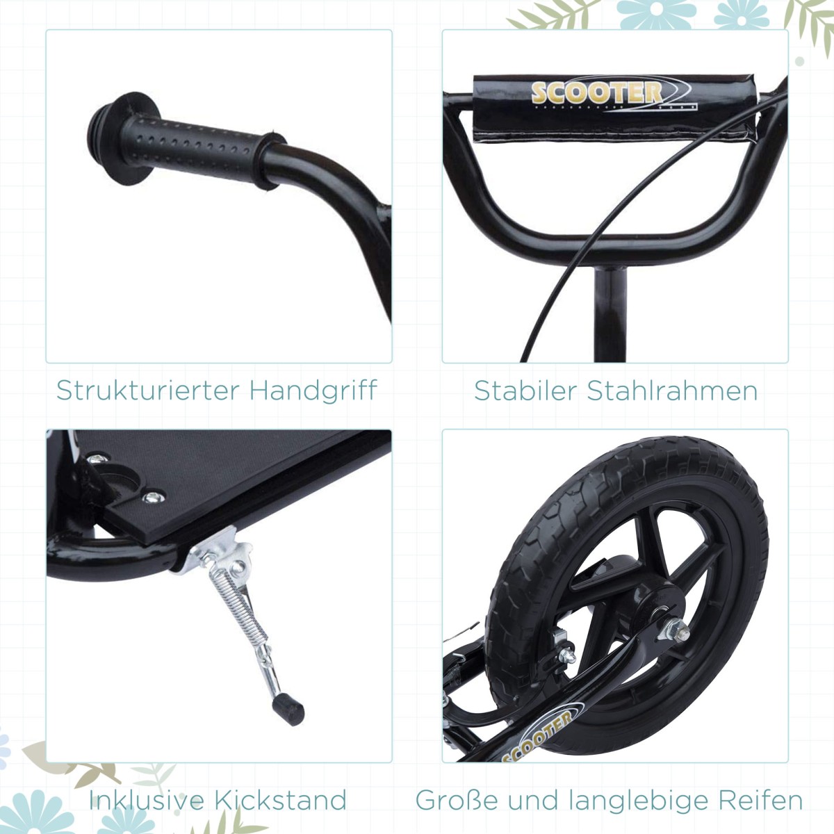 Παιδικό σκούτερ με πίσω φρένο kick scooter 12 ιντσών kick scooter city scooter για παιδιά kickboard ρυθμιζόμενο ύψος χάλυβα EVA μαύρο 120 x 52 x 80-88 cm