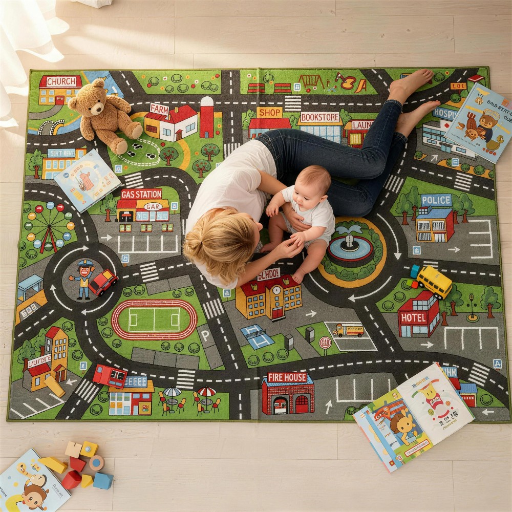 Χαλάκι ερπυσμού baby, χαλάκι παιχνιδιού 200x150x0,5cm, αντιολισθητικό χαλάκι σέρνεται με αντιολισθητικό κάτω μέρος, μοτίβο πόλης για παιδικά δωμάτια