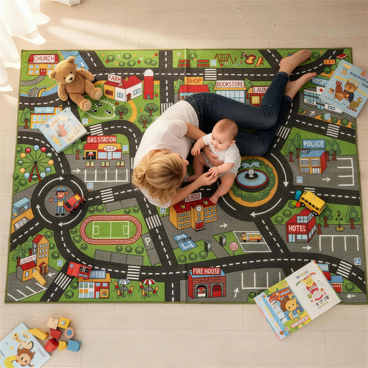 Χαλάκι ερπυσμού baby, χαλάκι παιχνιδιού 200x150x0,5cm, αντιολισθητικό χαλάκι σέρνεται με αντιολισθητικό κάτω μέρος, μοτίβο πόλης για παιδικά δωμάτια