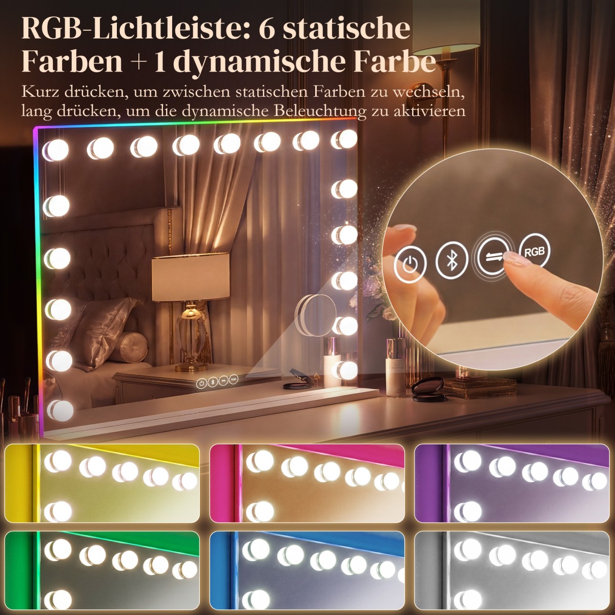 Καθρέφτης μακιγιάζ Χόλιγουντ με 18 λυχνίες LED, 3 χρώματα, φως RGB, ηχείο Bluetooth, μεγέθυνση 10x λευκό