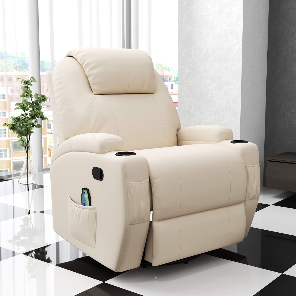 Ηλεκτρική καρέκλα μασάζ, καρέκλα χαλάρωσης, καρέκλα τηλεόρασης, λειτουργία μασάζ, 5 λειτουργίες μασάζ, λειτουργία ανάκλισης, τεχνητό δέρμα, ξύλο, μέταλλο, αφρός, κρεμ λευκό, 84 x 92 x 109 cm