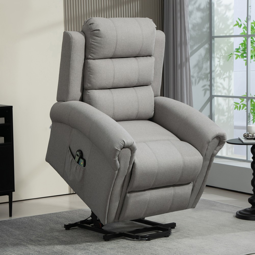 Καρέκλα χαλάρωσης με βοήθημα stand-up, 8 σημεία μασάζ, θερμαινόμενη πλάτη, λινό όψη, ανοιχτό γκρι