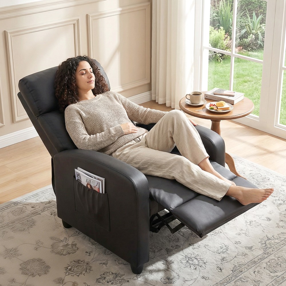 Καρέκλα χαλάρωσης, καρέκλα τηλεόρασης με μασάζ δόνησης, πολυθρόνα μασάζ με λειτουργία ανάκλισης, 2 σημεία μασάζ, καρέκλα τηλεόρασης με τηλεχειριστήριο, πλαϊνή τσέπη, ψεύτικο δέρμα για το σαλόνι, μαύρο