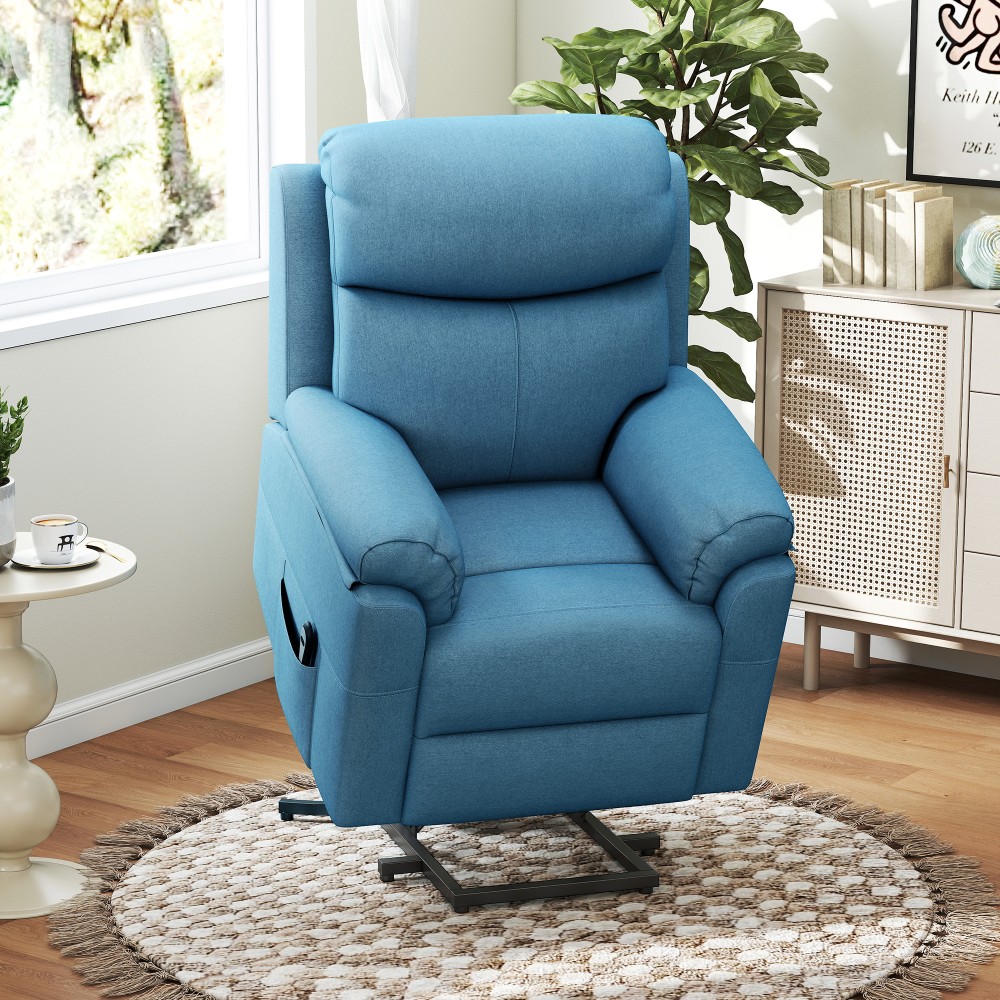 HOMCOM Τηλεοπτική Πολυθρόνα με Βοήθεια Ανύψωσης Ηλεκτρική Πολυθρόνα Relax με Λειτουργία Ανάκλισης, Τηλεχειριστήριο, Πλαϊνή Τσέπη, Ελατήρια Τσέπης, Λινόχαρτο, Μπλε