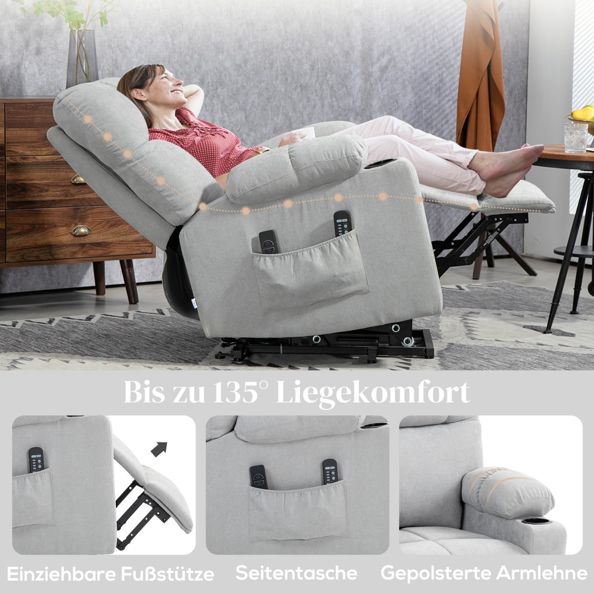 HOMCOM Πολυθρόνα ανύψωσης για ηλικιωμένους, λειτουργία ανάκλισης, με τηλεχειριστήριο, 144 cm x 91 cm x 88 cm, Ανοιχτό γκρι