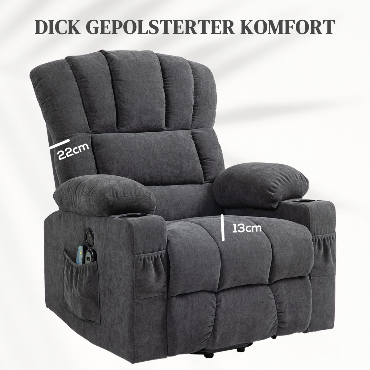 Electric Power Lift stand-up καρέκλα με λειτουργία μασάζ και θερμότητας, θύρες USB, ποτηροθήκες, σκούρο γκρι