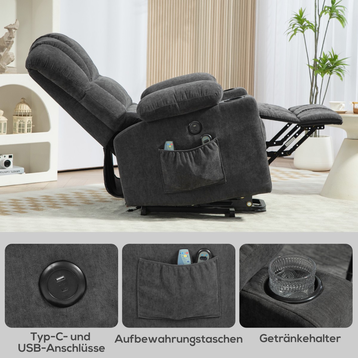 Electric Power Lift stand-up καρέκλα με λειτουργία μασάζ και θερμότητας, θύρες USB, ποτηροθήκες, σκούρο γκρι