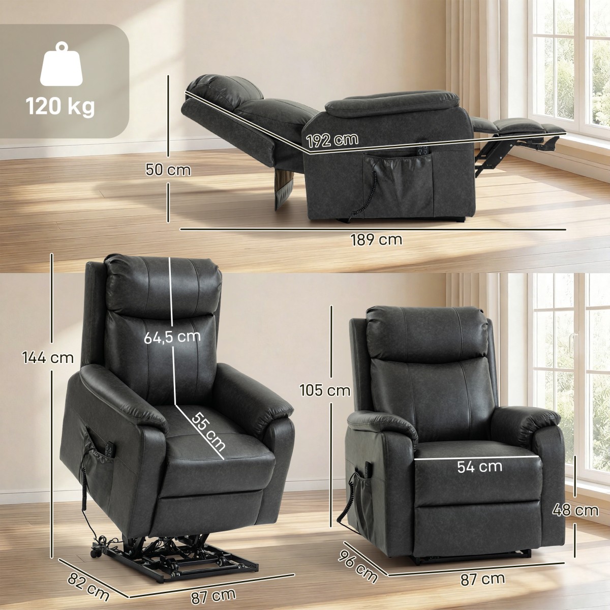 Καρέκλα Riser and Relax για ηλικιωμένους, Ηλεκτρική καρέκλα από συνθετικό δέρμα με διπλό κινητήρα, μαξιλάρι με πούπουλα, μαύρο