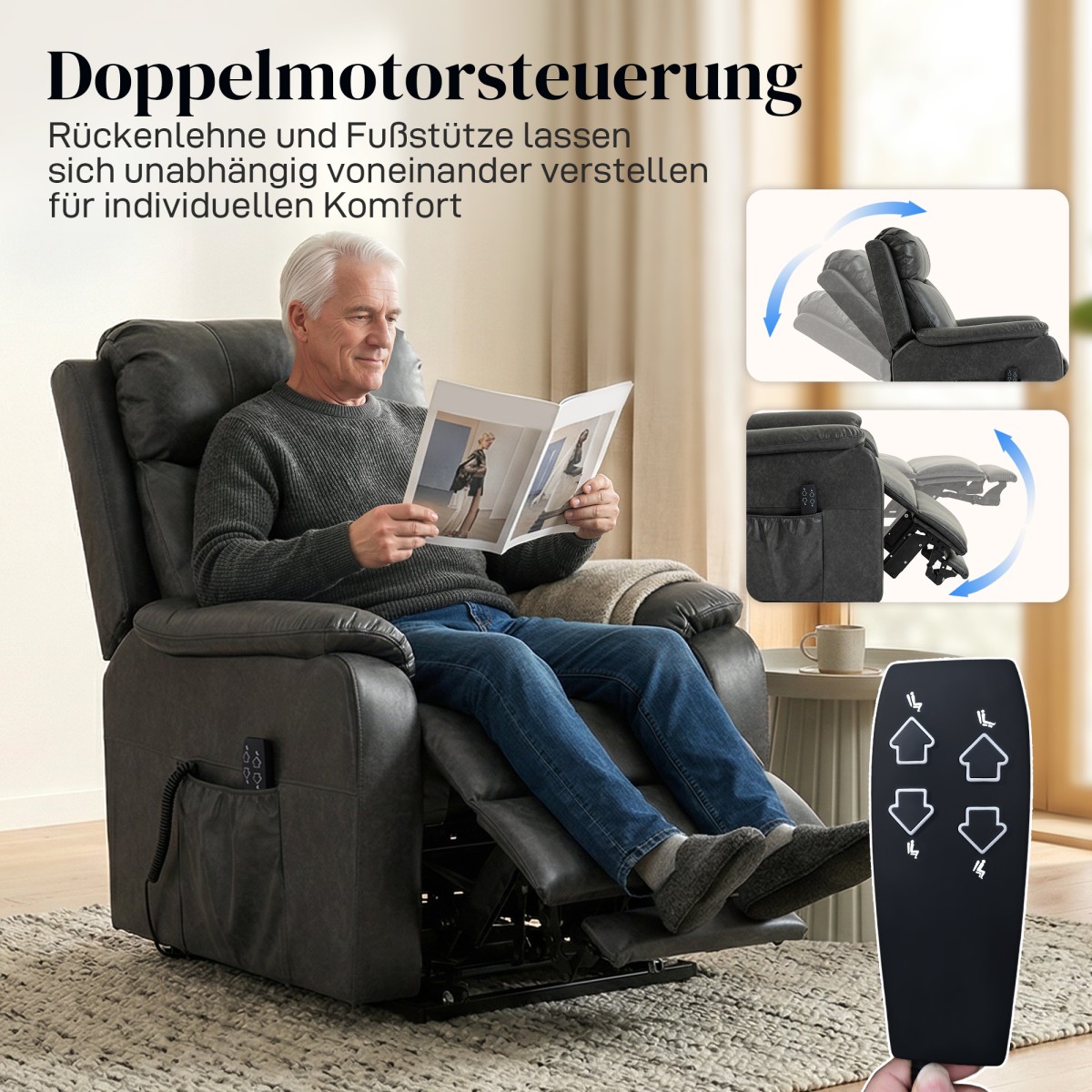 Καρέκλα Riser and Relax για ηλικιωμένους, Ηλεκτρική καρέκλα από συνθετικό δέρμα με διπλό κινητήρα, μαξιλάρι με πούπουλα, μαύρο