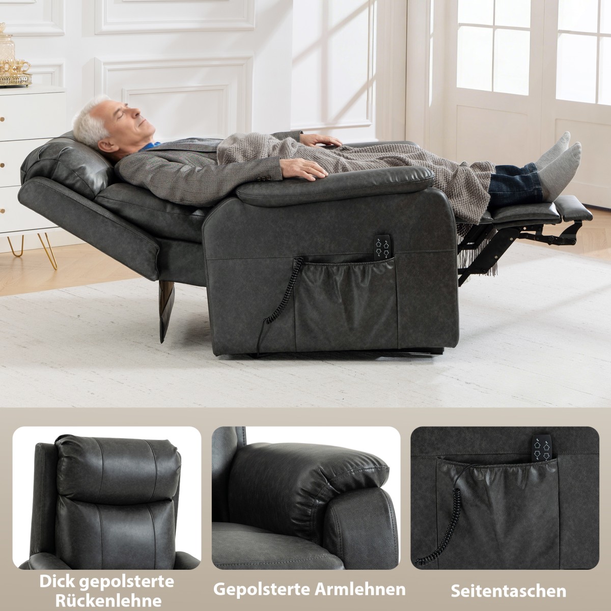 Καρέκλα Riser and Relax για ηλικιωμένους, Ηλεκτρική καρέκλα από συνθετικό δέρμα με διπλό κινητήρα, μαξιλάρι με πούπουλα, μαύρο
