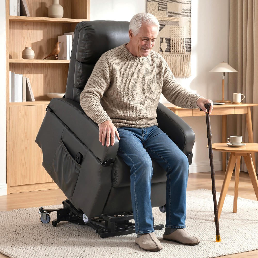 Πολυθρόνα τηλεόρασης με βοήθημα stand-up, ηλεκτρική ανάκλιση με τηλεχειριστήριο, υποπόδιο, λειτουργία ανάκλισης, σκούρο γκρι