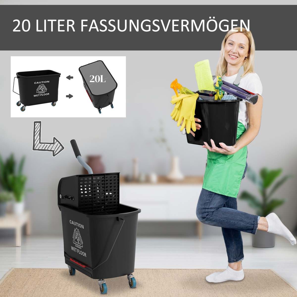 Κάδος σφουγγαρίστρας 20L με Wringer και χερούλι, Κάδος σφουγγαρίστρας σε ρόδες, Πλαστικό, Μαύρο