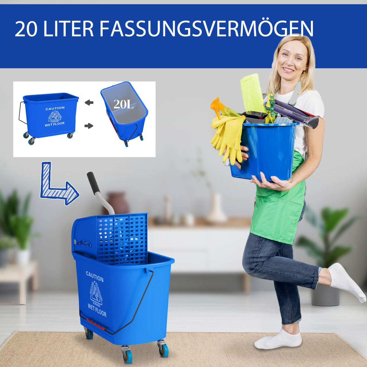 Κάδος σφουγγαρίστρας 20L με Wringer και χερούλι, Κάδος σφουγγαρίστρας σε ρόδες, Πλαστικό, Μπλε