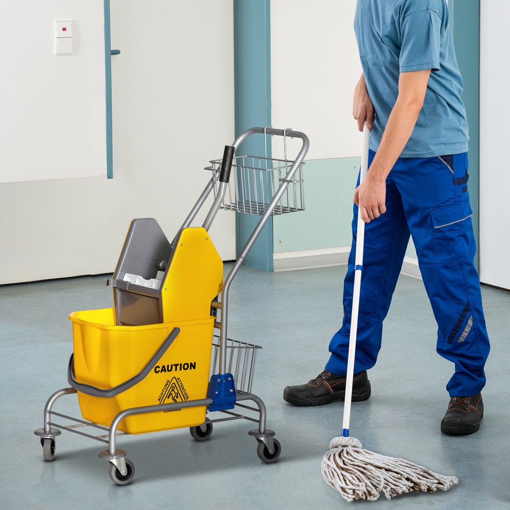 Κάδος καθαρισμού, κάδος σφουγγαρίστρας, κυλιόμενος, πλαστικός, μεταλλική λαβή, κίτρινο