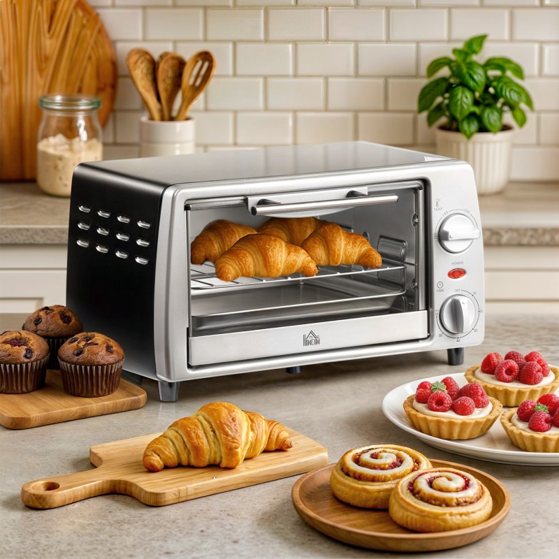 Μίνι φούρνος 10 L 750 W 100-230℃ 60 λεπτά. Χρονοδιακόπτης με ταψί, σχάρα γκριλ και αφαιρούμενο ταψί βάσης, φούρνος πίτσας ασημί