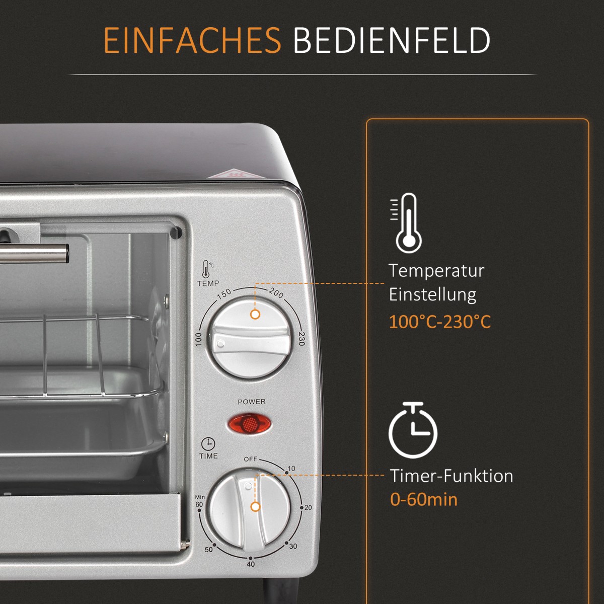 Μίνι φούρνος 10 L 750 W 100-230℃ 60 λεπτά. Χρονοδιακόπτης με ταψί, σχάρα γκριλ και αφαιρούμενο ταψί βάσης, φούρνος πίτσας ασημί