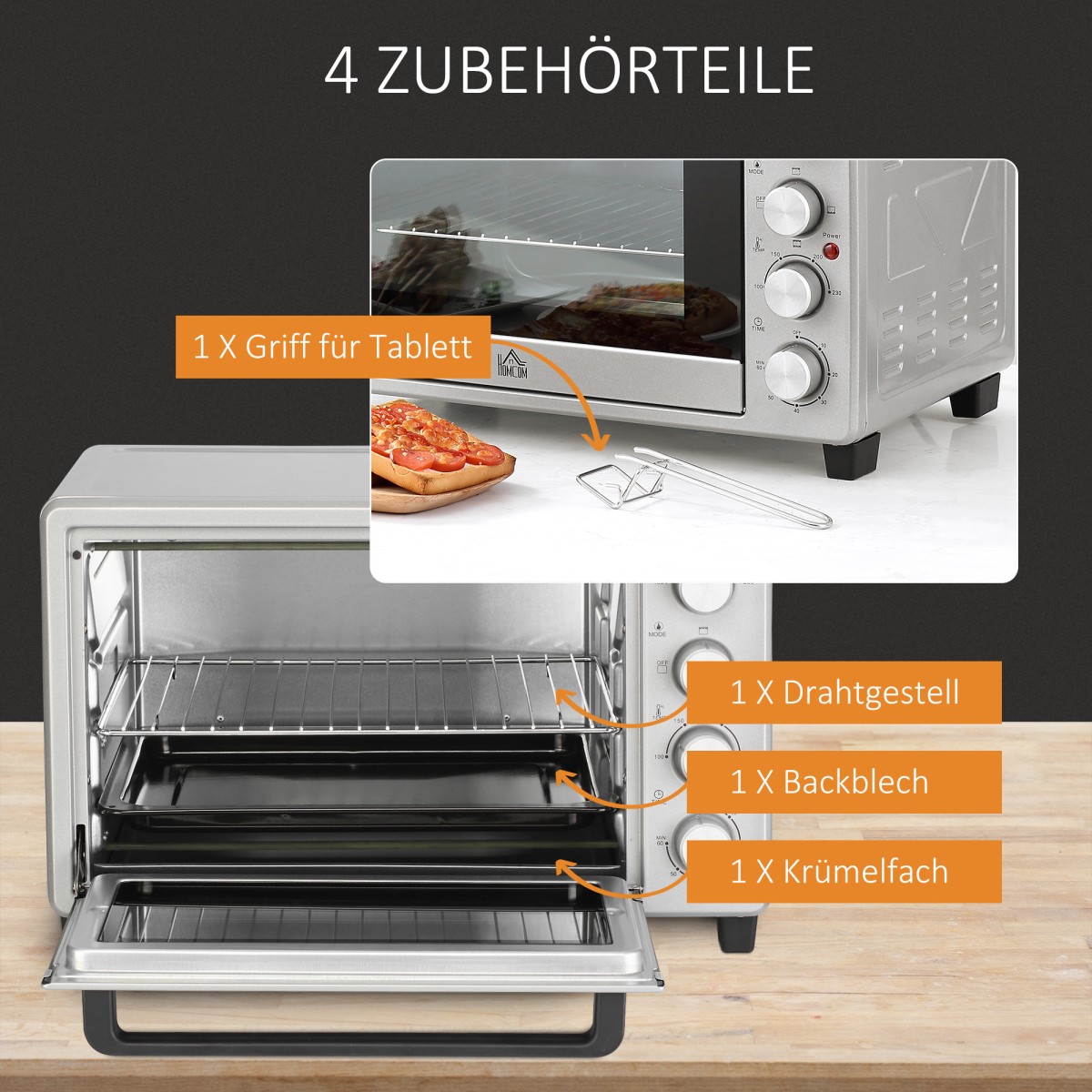 Μίνι φούρνος 32L 100 °C-230 °C 1600 W μίνι φούρνος με ταψί, ταψί για ψίχουλα, σχάρα γκριλ και 3 λειτουργίες μαγειρέματος, φούρνος πίτσας με χρονοδιακόπτη, λαβή ταψιού, ανοξείδωτο ατσάλι, ασήμι