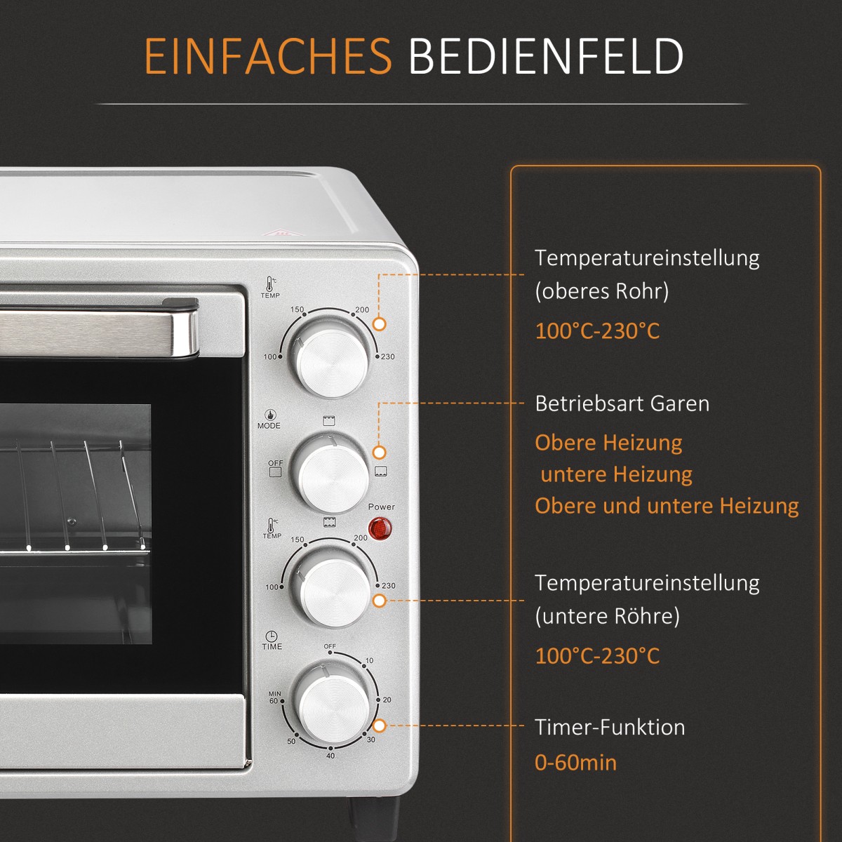 Μίνι φούρνος 32L 100 °C-230 °C 1600 W μίνι φούρνος με ταψί, ταψί για ψίχουλα, σχάρα γκριλ και 3 λειτουργίες μαγειρέματος, φούρνος πίτσας με χρονοδιακόπτη, λαβή ταψιού, ανοξείδωτο ατσάλι, ασήμι