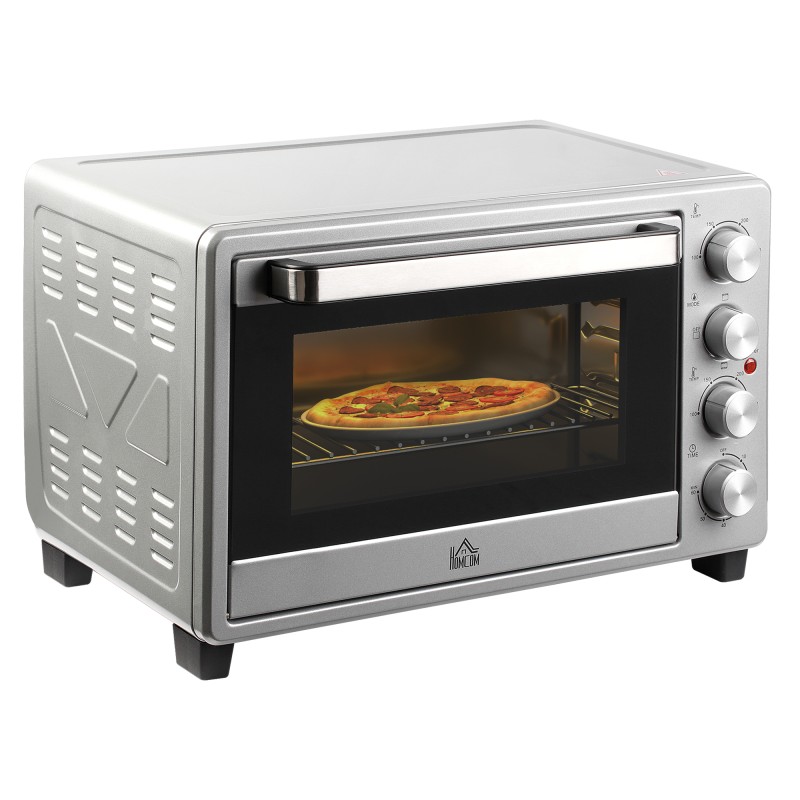 Μίνι φούρνος 32L 100 °C-230 °C 1600 W μίνι φούρνος με ταψί, ταψί για ψίχουλα, σχάρα γκριλ και 3 λειτουργίες μαγειρέματος, φούρνος πίτσας με χρονοδιακόπτη, λαβή ταψιού, ανοξείδωτο ατσάλι, ασήμι