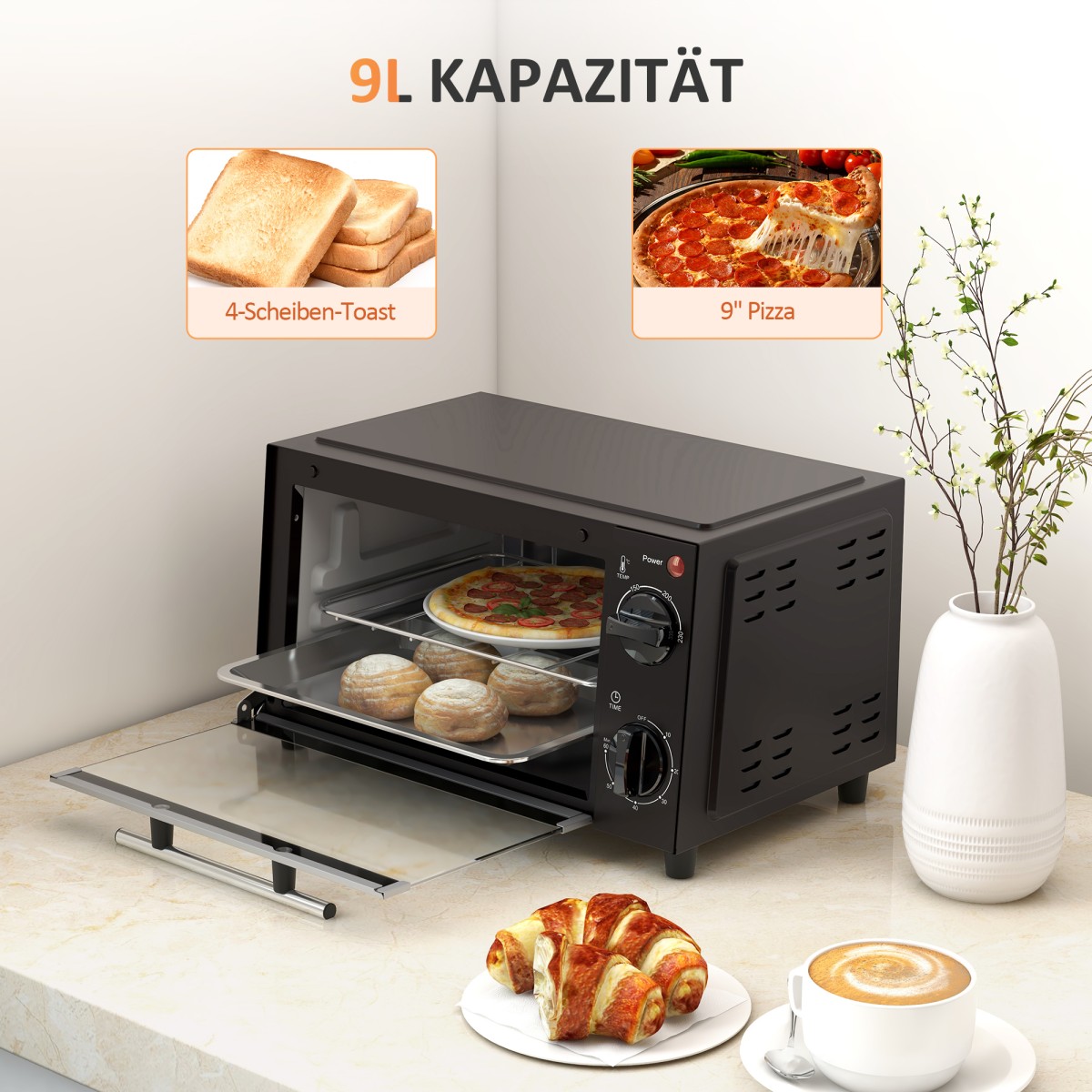 Μίνι φούρνος χωρητικότητας 9 λίτρων, ρυθμιζόμενη θερμοκρασία και χρόνος ψησίματος, με σχάρα και ταψί, μαύρο