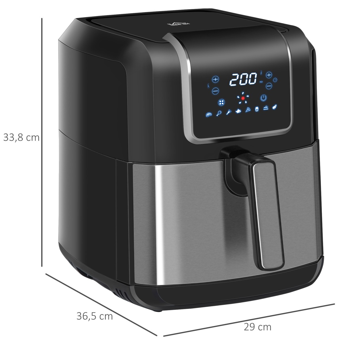 Φριτέζα ζεστού αέρα 6,5L 1700W με οθόνη LED 8 μενού Καλάθι με αντικολλητική επίστρωση για υγιεινό μαγείρεμα χωρίς λιπαρά Μαύρο 36,5 x 29 x 33,8 cm