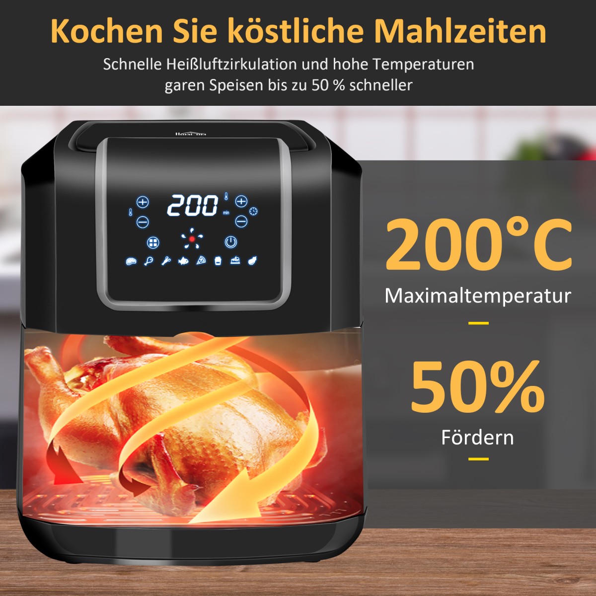 Φριτέζα ζεστού αέρα 6,5L 1700W με οθόνη LED 8 μενού Καλάθι με αντικολλητική επίστρωση για υγιεινό μαγείρεμα χωρίς λιπαρά Μαύρο 36,5 x 29 x 33,8 cm