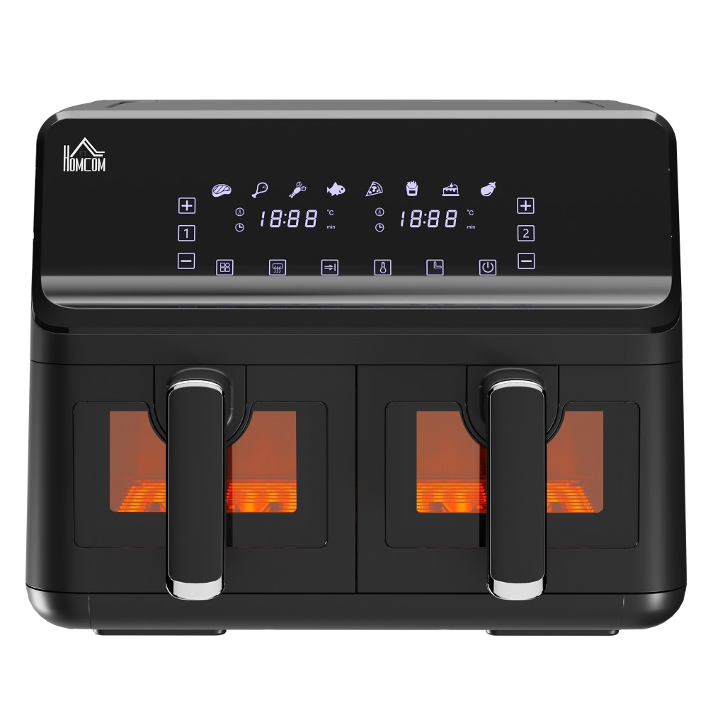 HOMCOM Φριτέζα αέρος, 2 καλάθια τηγανίσματος á 4 λίτρα, 8 προγράμματα, φως, χρονοδιακόπτης, 38,5 x 38 x 30,5 cm, Μαύρο