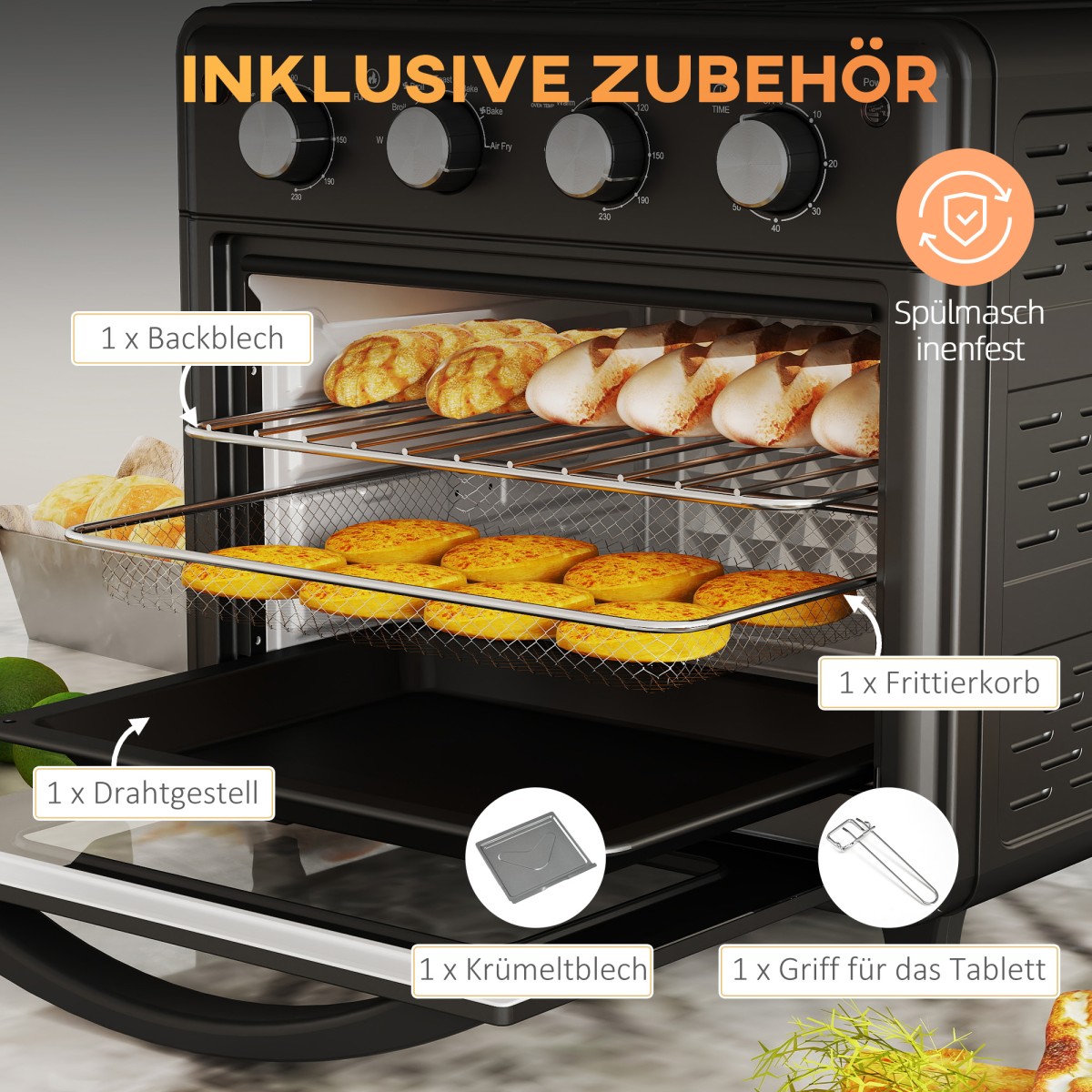 Μίνι φούρνος, φριτέζα ζεστού αέρα, 90-230° C, 7 προγράμματα, αξεσουάρ, μαύρο