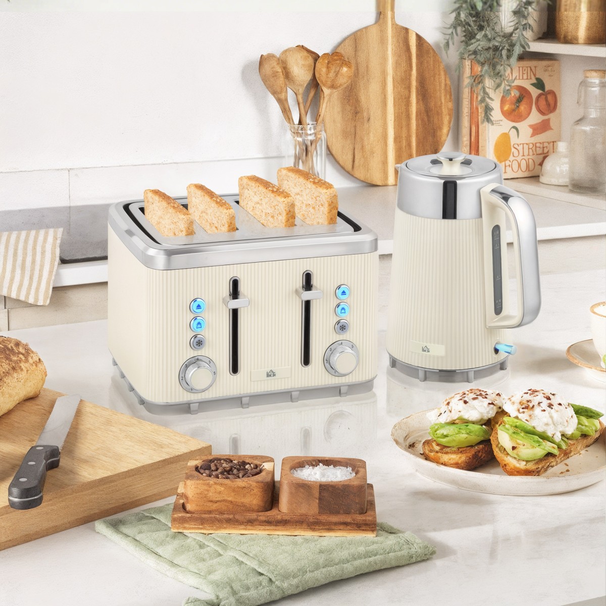Βραστήρας 2200W, 1,7L με λειτουργία γρήγορου βρασμού, φίλτρο αφαλάτωσης και τοστιέρα 4 τμημάτων με 7 επίπεδα μαυρίσματος, κρέμα